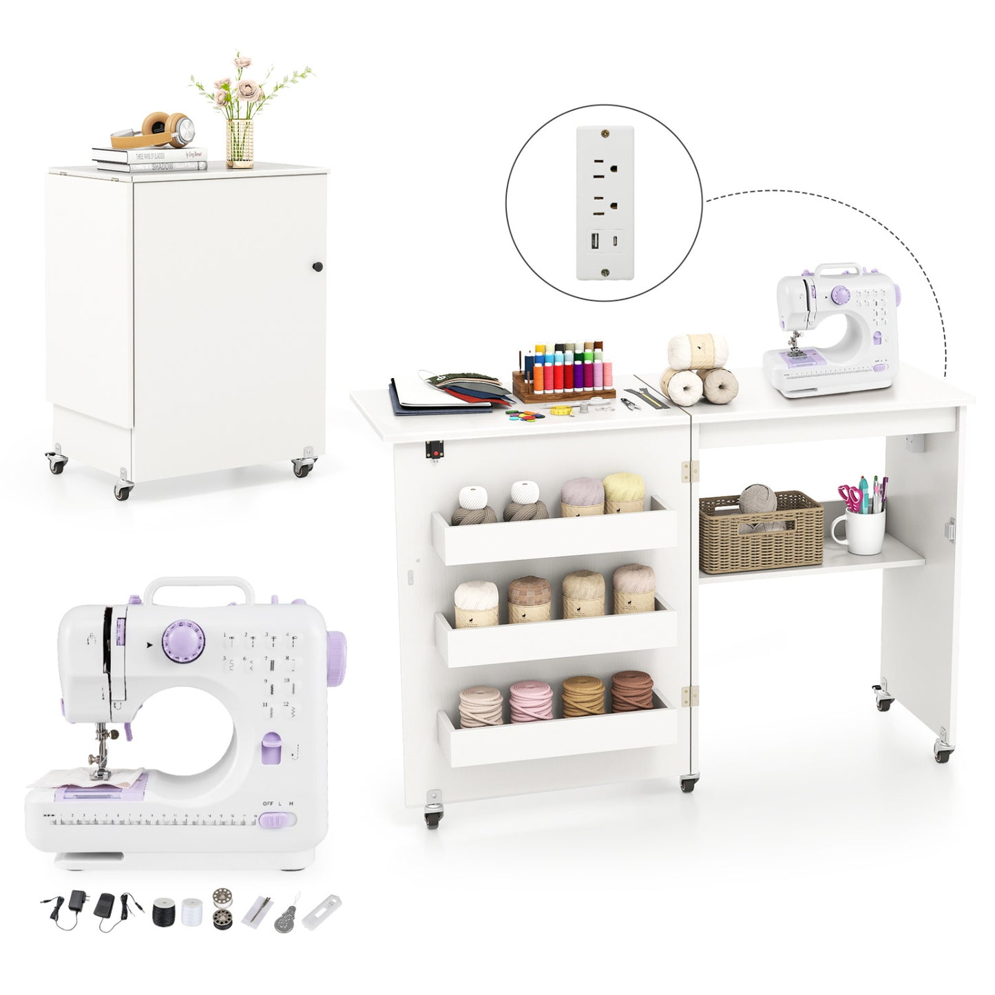 Folding craft desk with built-in charging station and beginner sewing machine, ideal for home office and sewing projects.