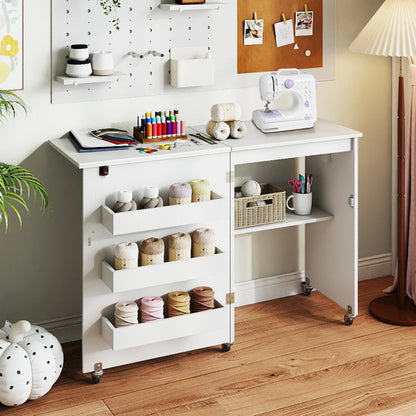 Foldable craft desk with built-in charging station and beginner sewing machine, designed for home office and sewing projects.