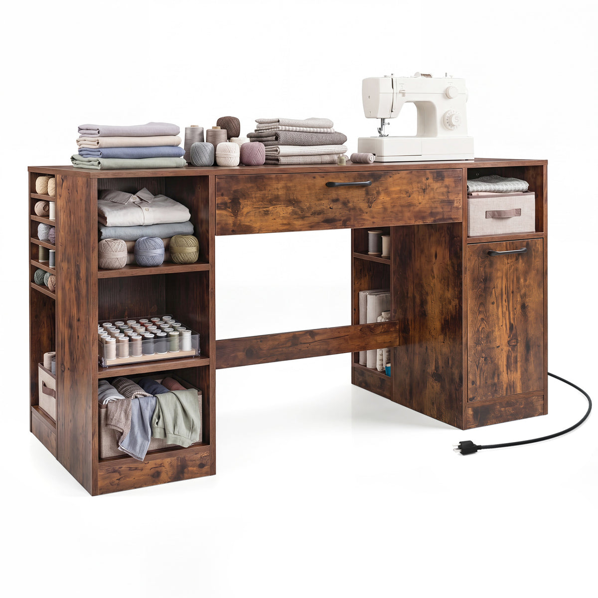 Rustic brown sewing table with power outlets, two drawers, and open compartments, ideal for home craft or office use.