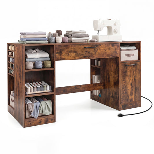 Rustic brown sewing table with power outlets, two drawers, and open compartments, ideal for home craft or office use.