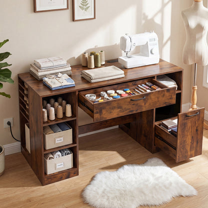 Rustic brown sewing table with power outlets, 2 drawers, open compartments, designed for craft and home office use.