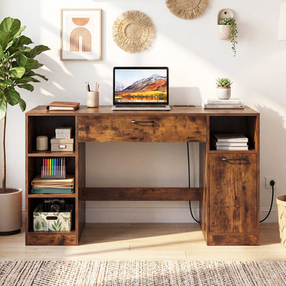 Rustic brown sewing table with power outlets, two drawers, and open compartments, ideal for craft and home office use.