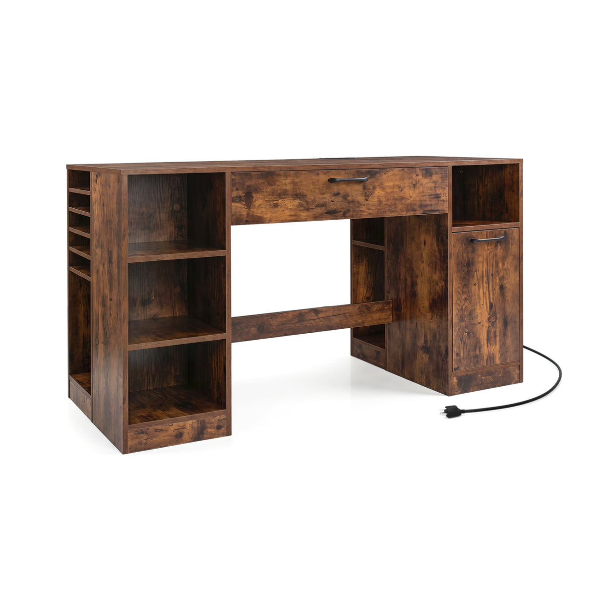 Rustic brown sewing table with power outlets, two drawers, and open compartments, designed for craft and home office use.