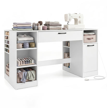 Rustic brown sewing table with power outlets, two drawers, and open compartments, perfect for craft and home office use.