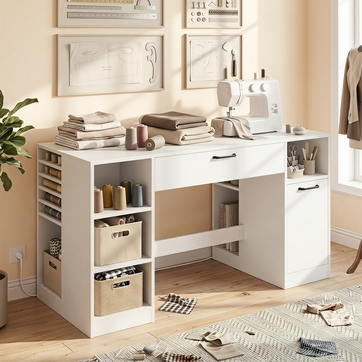 Rustic brown sewing table with power outlets, 2 drawers, and open compartments, ideal for home craft and sewing projects.
