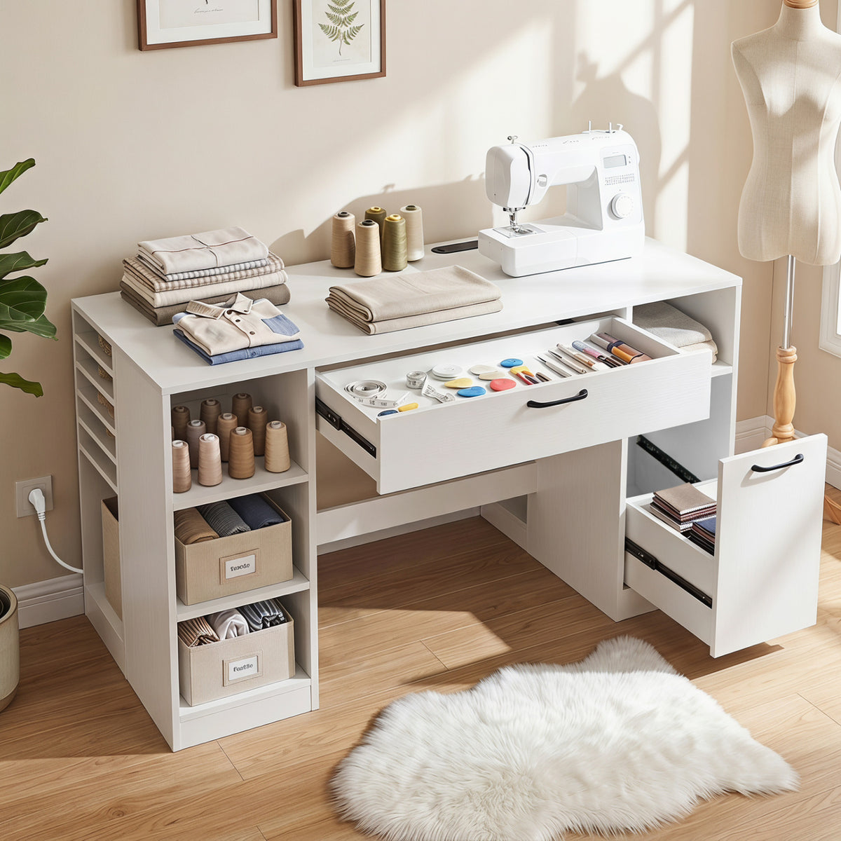 Rustic brown sewing table with power outlets, two drawers, and open compartments, perfect as a craft station desk.