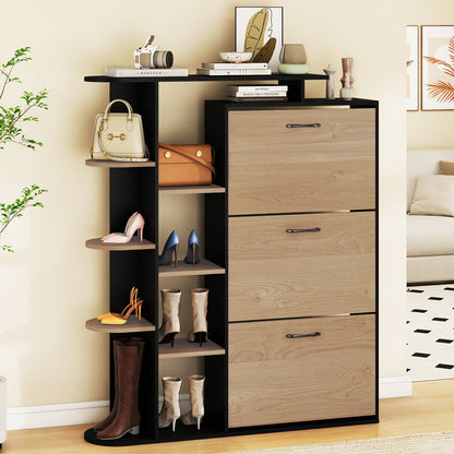Shoe Cabinet with Open Shelves Modern Shoe Organizer with 3 Flip Drawers-Black