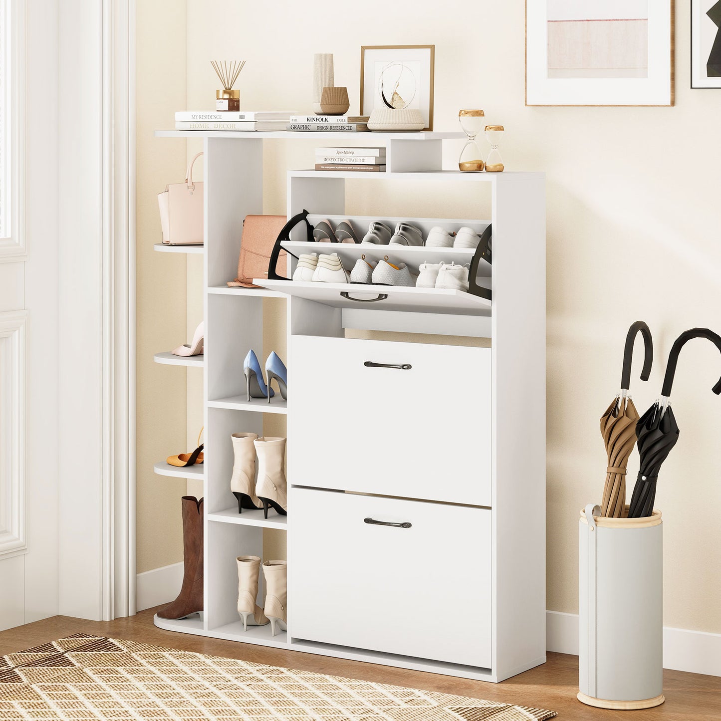 Shoe Cabinet with Open Shelves Modern Shoe Organizer with 3 Flip Drawers-Black