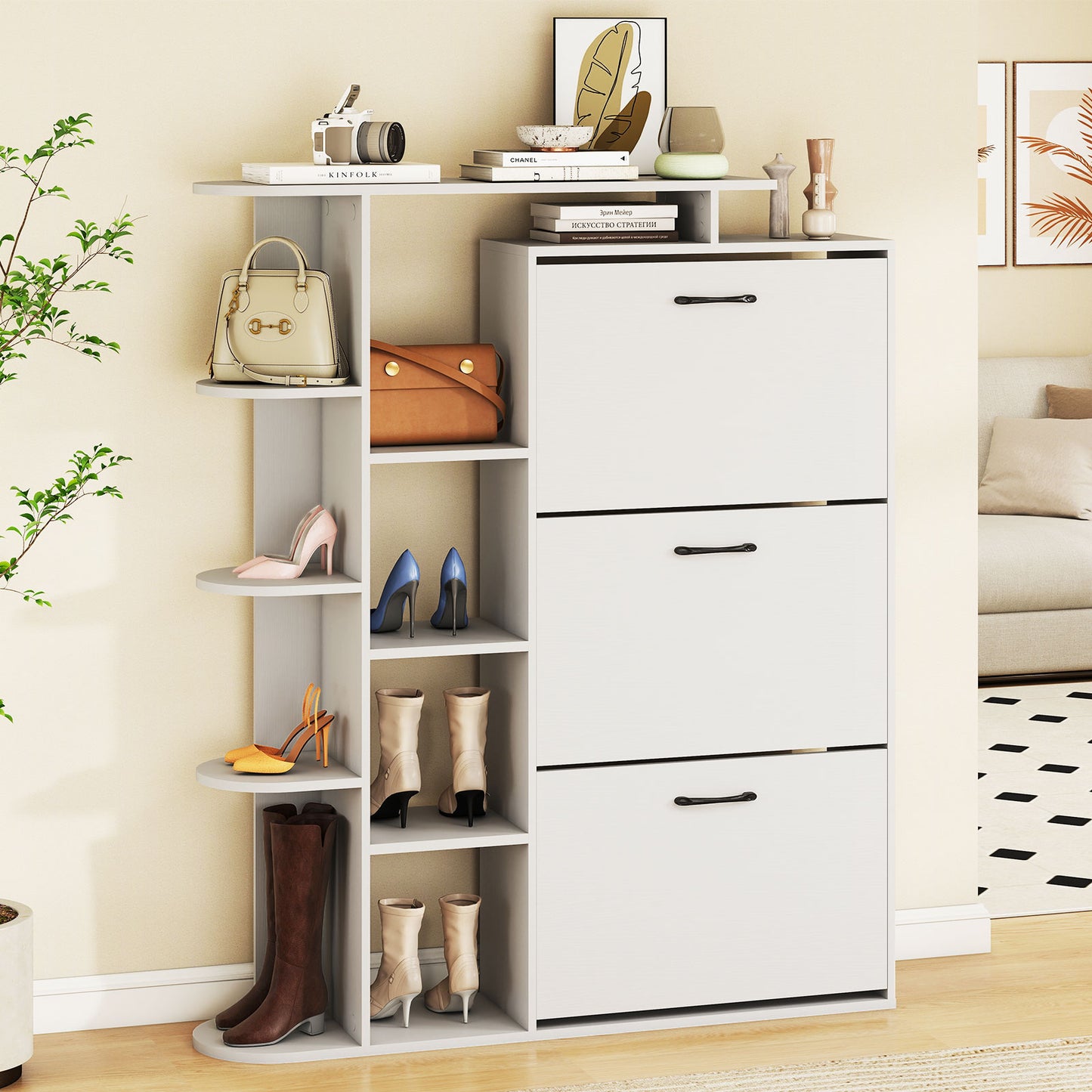 Shoe Cabinet with Open Shelves Modern Shoe Organizer with 3 Flip Drawers-Black