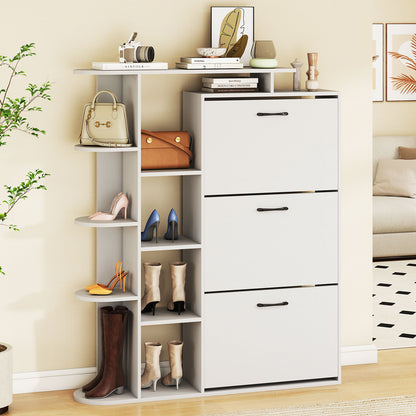 Shoe Cabinet with Open Shelves Modern Shoe Organizer with 3 Flip Drawers-Black