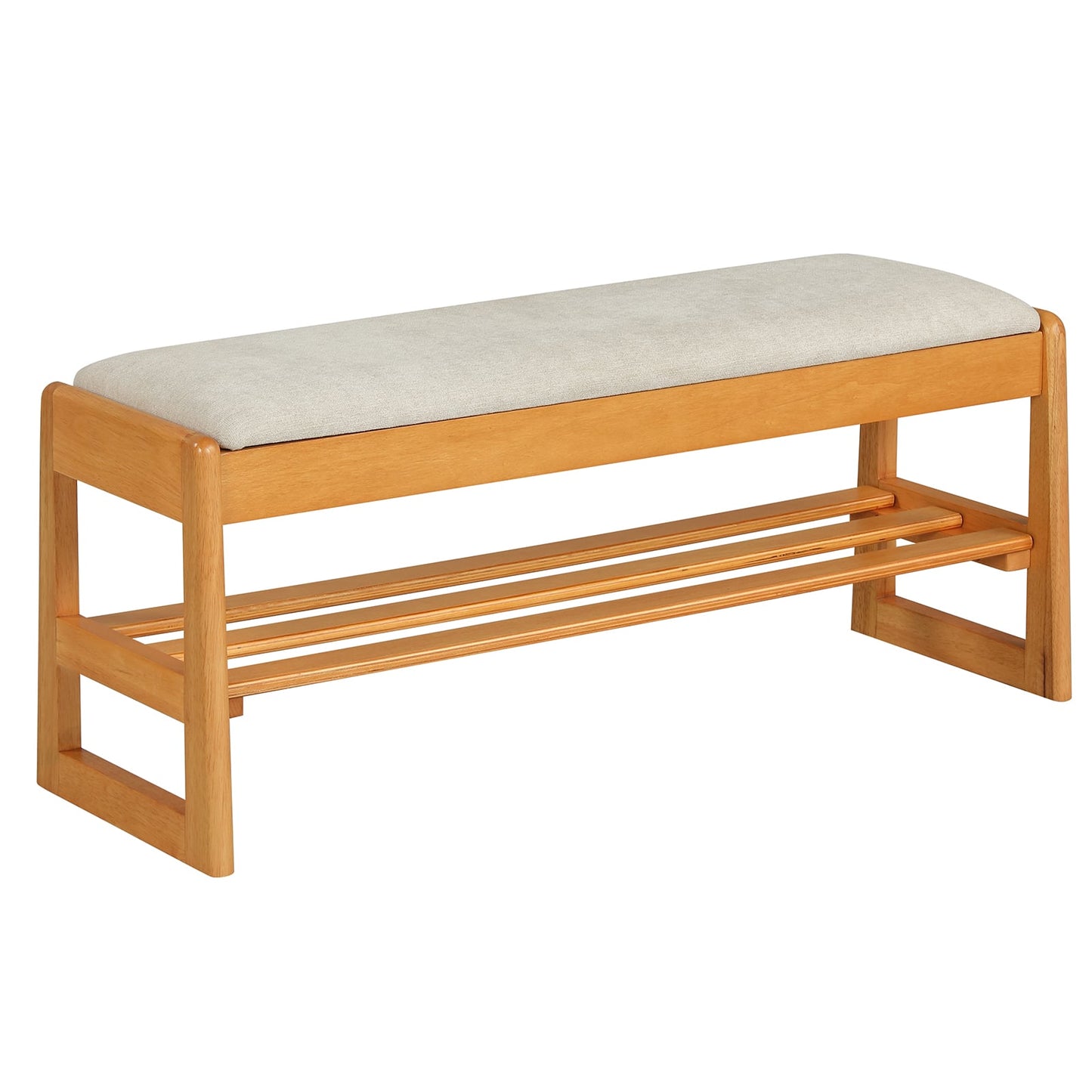 Shoe Rack Bench with Storage 2-Tier Rubberwood Entryway Bench with Flip-Open Storage-Beige