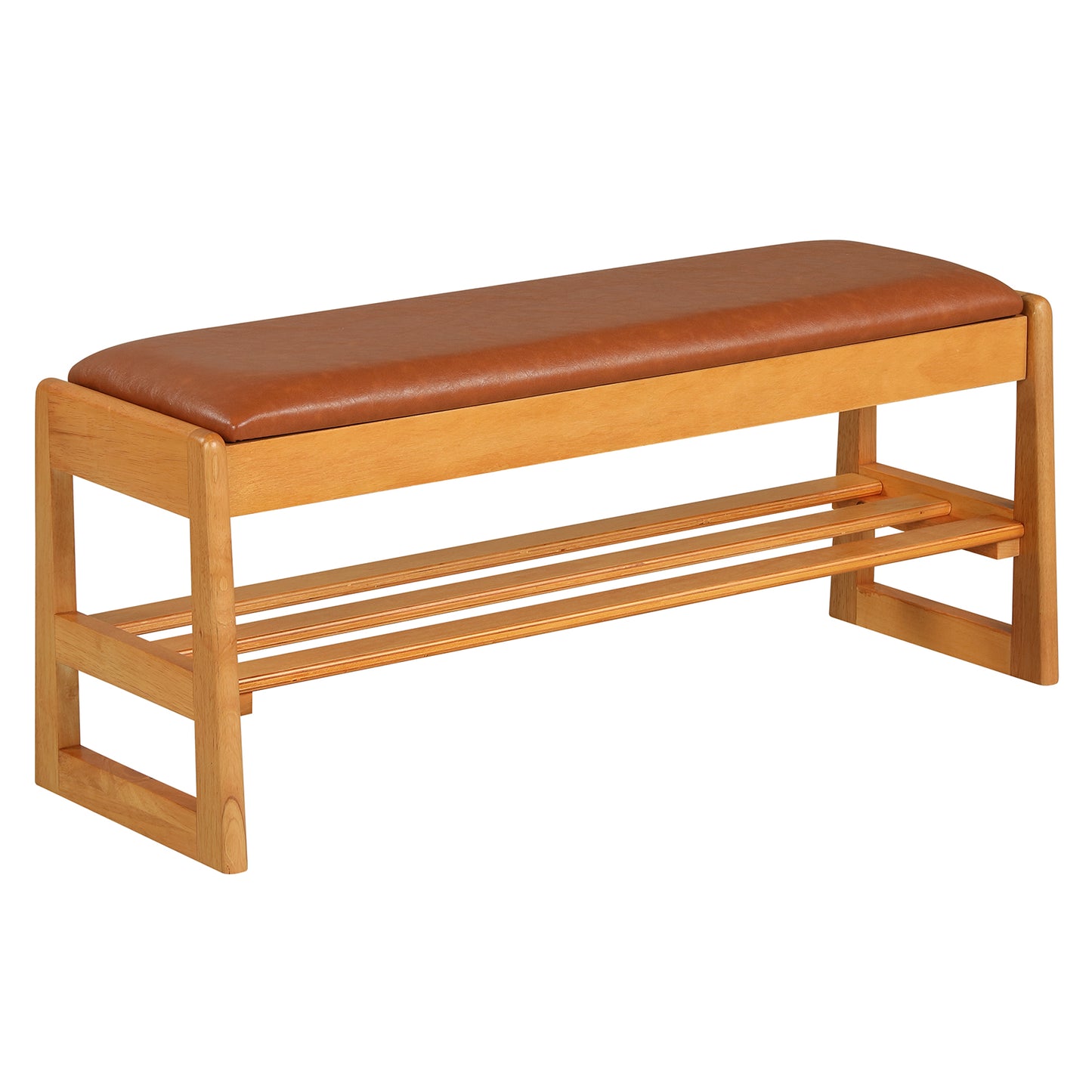Shoe Rack Bench with Storage 2-Tier Rubberwood Entryway Bench with Flip-Open Storage-Beige