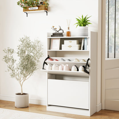 Shoe Storage Cabinet Hidden Shoe Rack with 2 Flip Drawers Adjustable and Removable Shelves-White