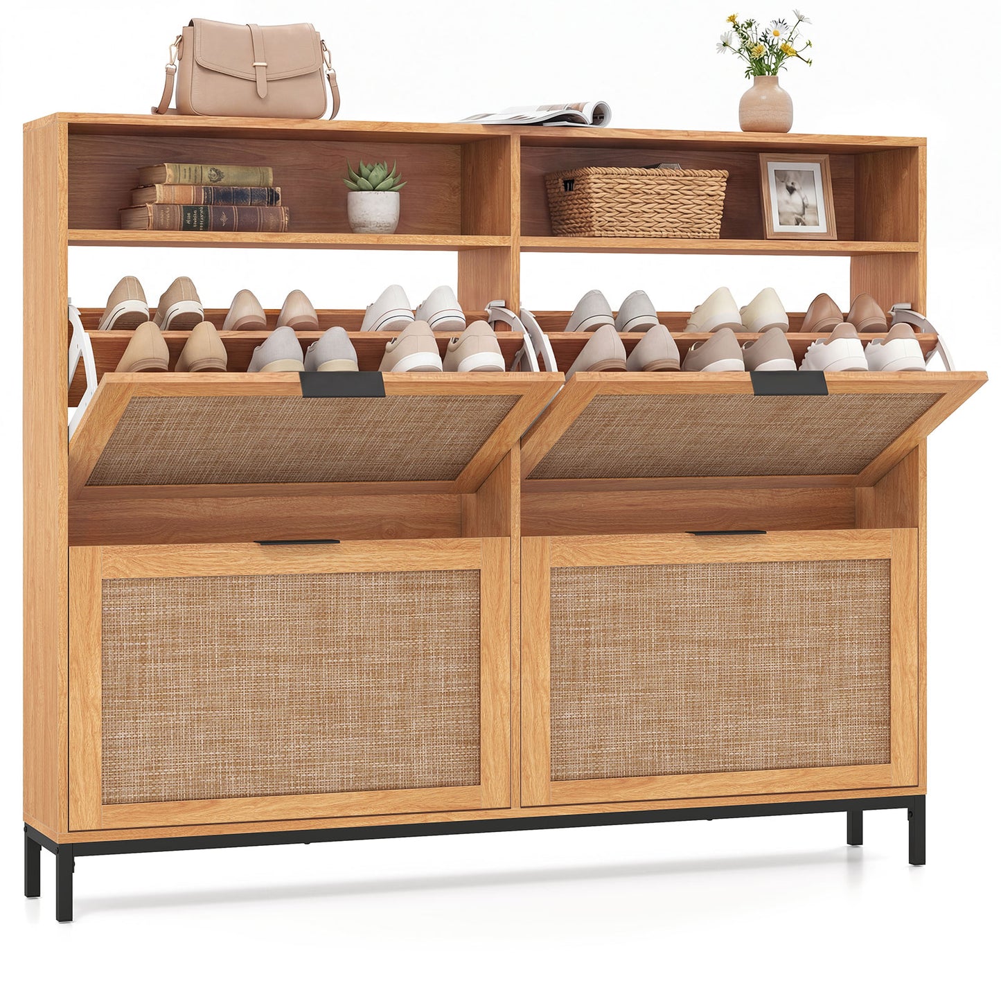 Shoe Storage Cabinet with 4 Flip Drawers Narrow Freestanding Shoe Organizer with Adjustable Shelves-Brown