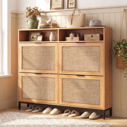 Shoe Storage Cabinet with 4 Flip Drawers Narrow Freestanding Shoe Organizer with Adjustable Shelves-Brown