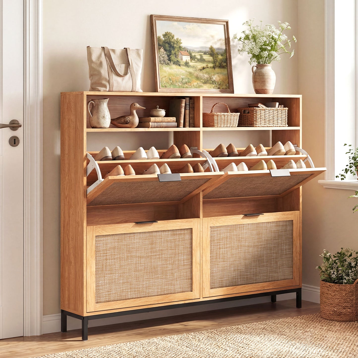 Shoe Storage Cabinet with 4 Flip Drawers Narrow Freestanding Shoe Organizer with Adjustable Shelves-Brown