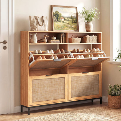 Shoe Storage Cabinet with 4 Flip Drawers Narrow Freestanding Shoe Organizer with Adjustable Shelves-Brown