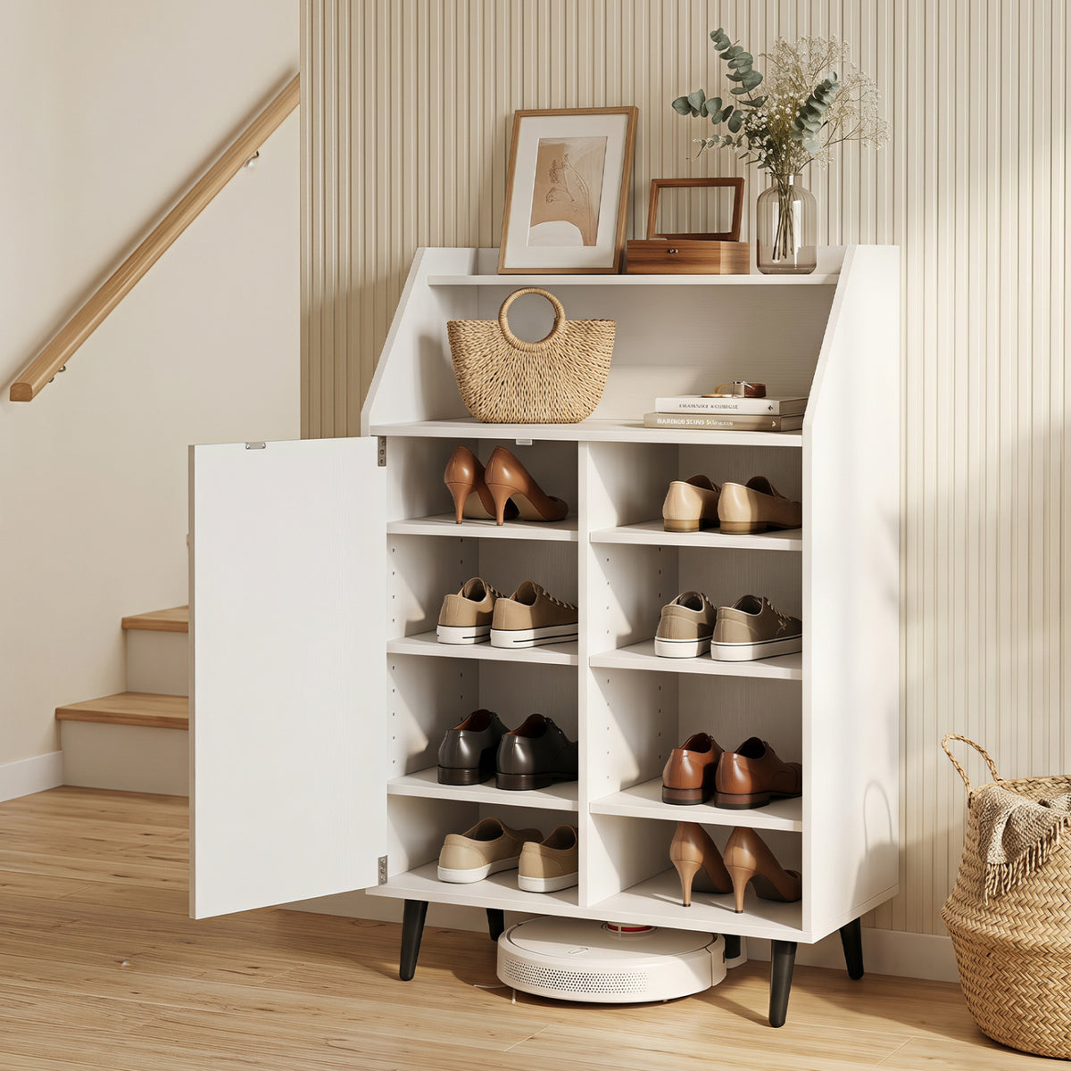 White shoe storage cabinet with 2-tier open compartment and 4-tier adjustable shelf, designed for entryway organization.