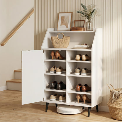 White shoe storage cabinet with 2-tier open compartment and 4-tier adjustable shelf, designed for entryway organization.