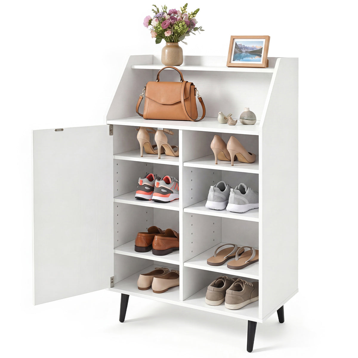White shoe storage cabinet with 2-tier open compartment and 4-tier adjustable shelves, ideal for entryway organization.