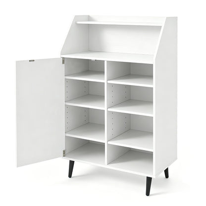 White shoe storage cabinet by Wilsons Home Store with 2-tier open compartment and 4-tier adjustable shelves for entryway organization.