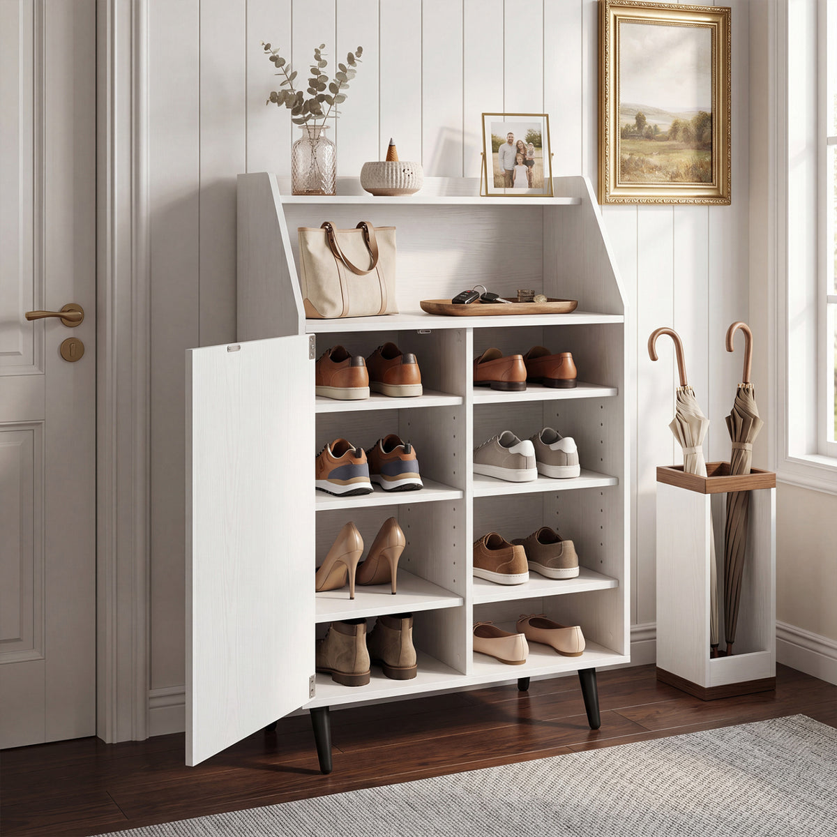 White shoe storage cabinet by Wilsons Home Store with 2-tier open compartment and 4-tier adjustable shelf for entryway organization.