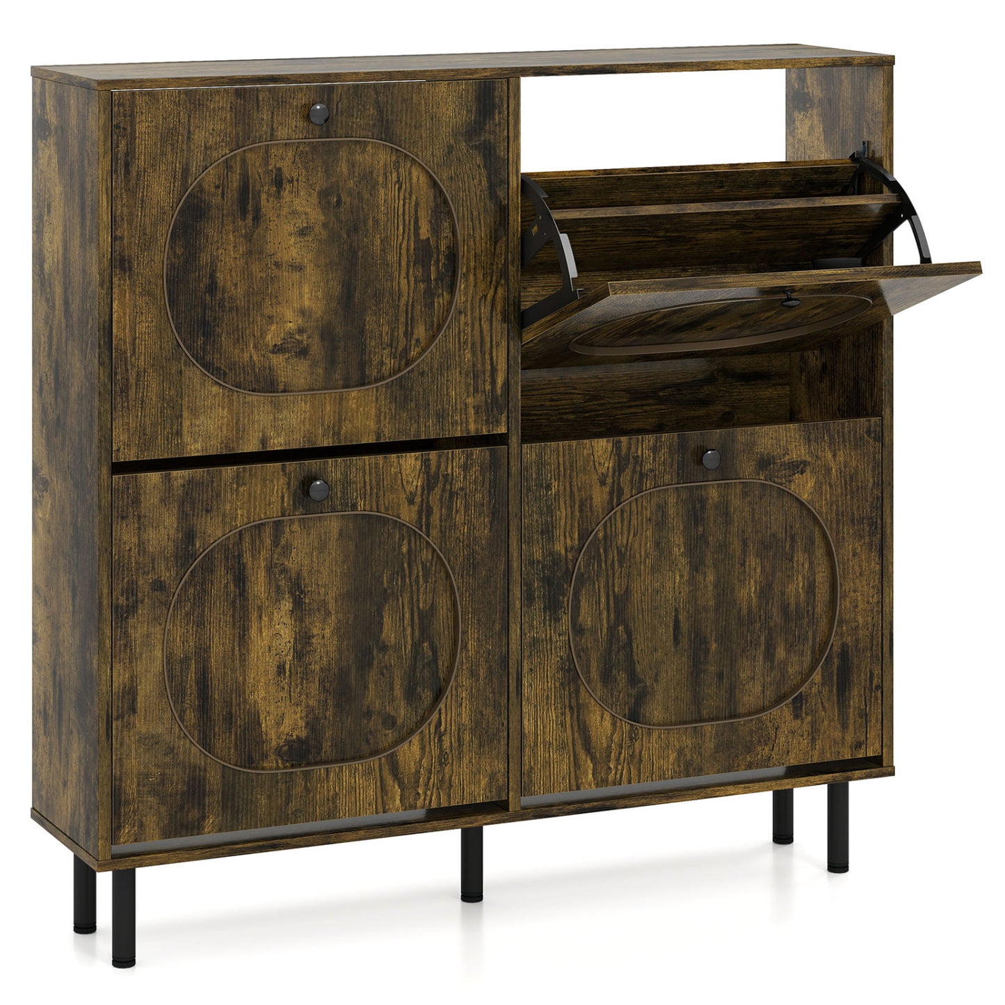 Shoe Storage Cabinet with 4 Flip Drawers and Aluminum Legs for Foyer and Hallway-Rustic Brown
