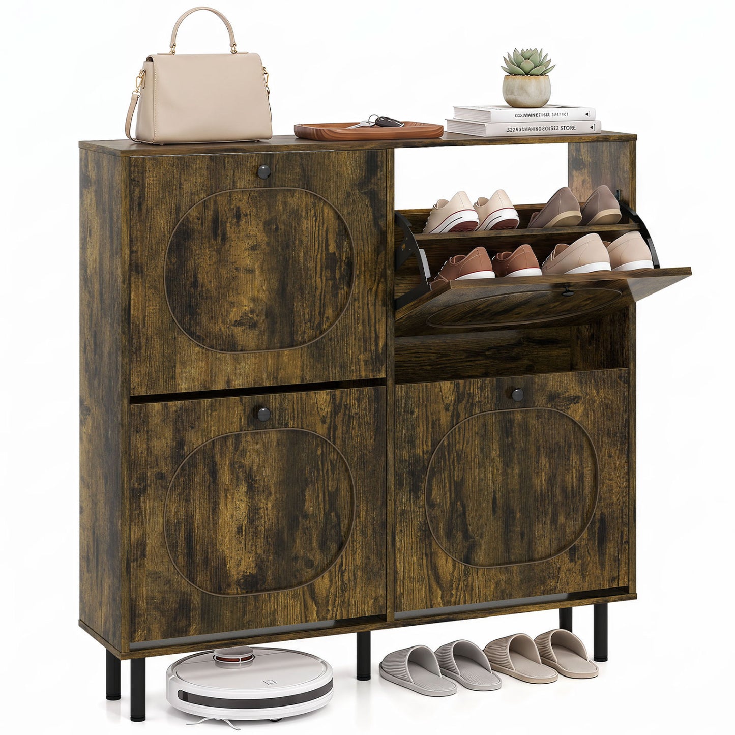 Shoe Storage Cabinet with 4 Flip Drawers and Aluminum Legs for Foyer and Hallway-Rustic Brown