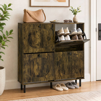 Shoe Storage Cabinet with 4 Flip Drawers and Aluminum Legs for Foyer and Hallway-Rustic Brown