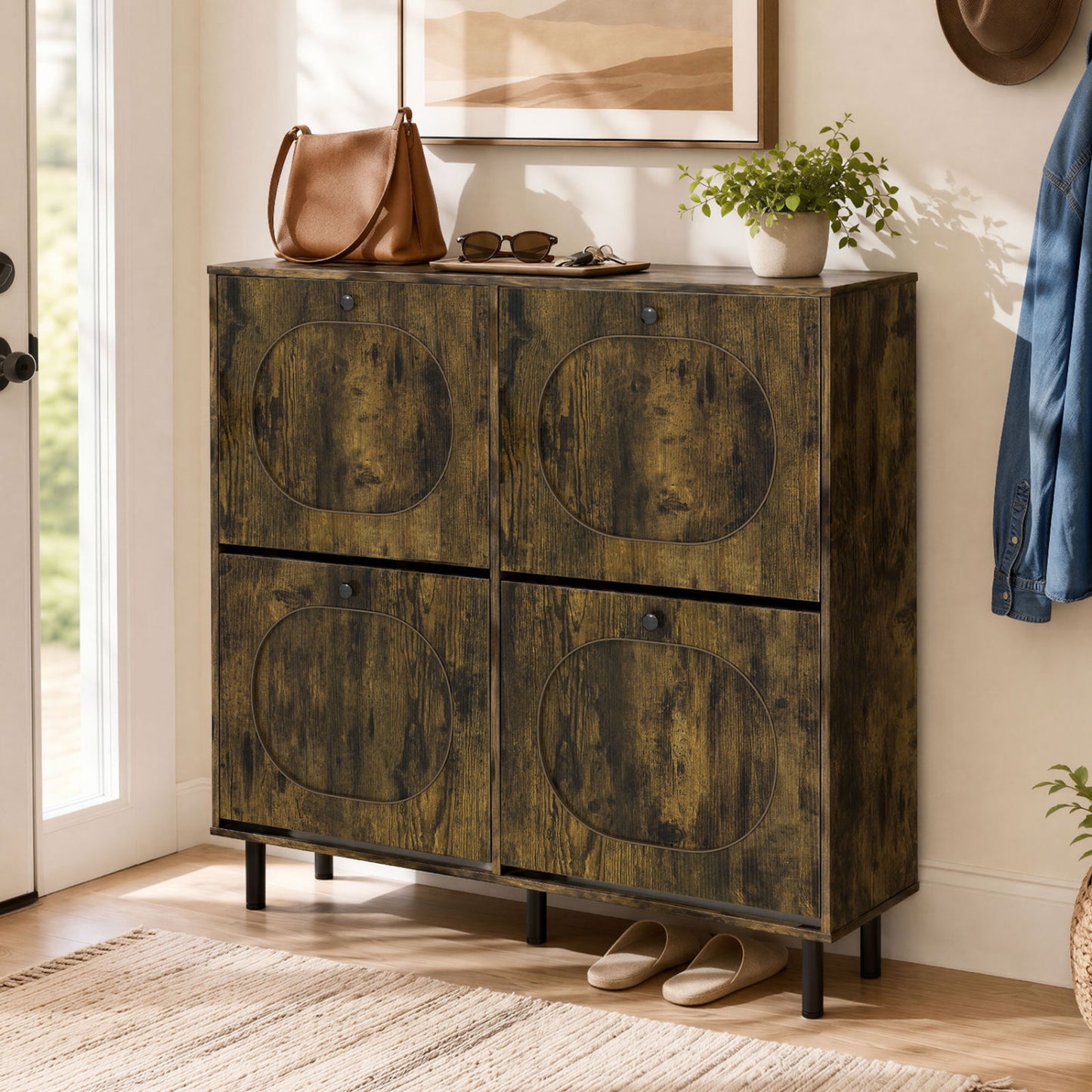 Shoe Storage Cabinet with 4 Flip Drawers and Aluminum Legs for Foyer and Hallway-Rustic Brown