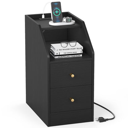 Side End Table with Charging Station Sofa Couch Table with Shelf Drawers-Black