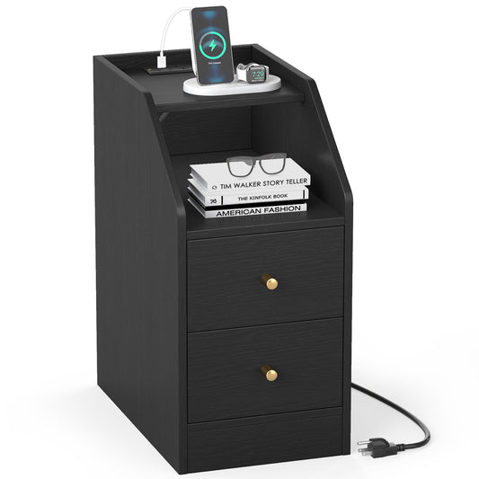 Side End Table with Charging Station Sofa Couch Table with Shelf Drawers-Black