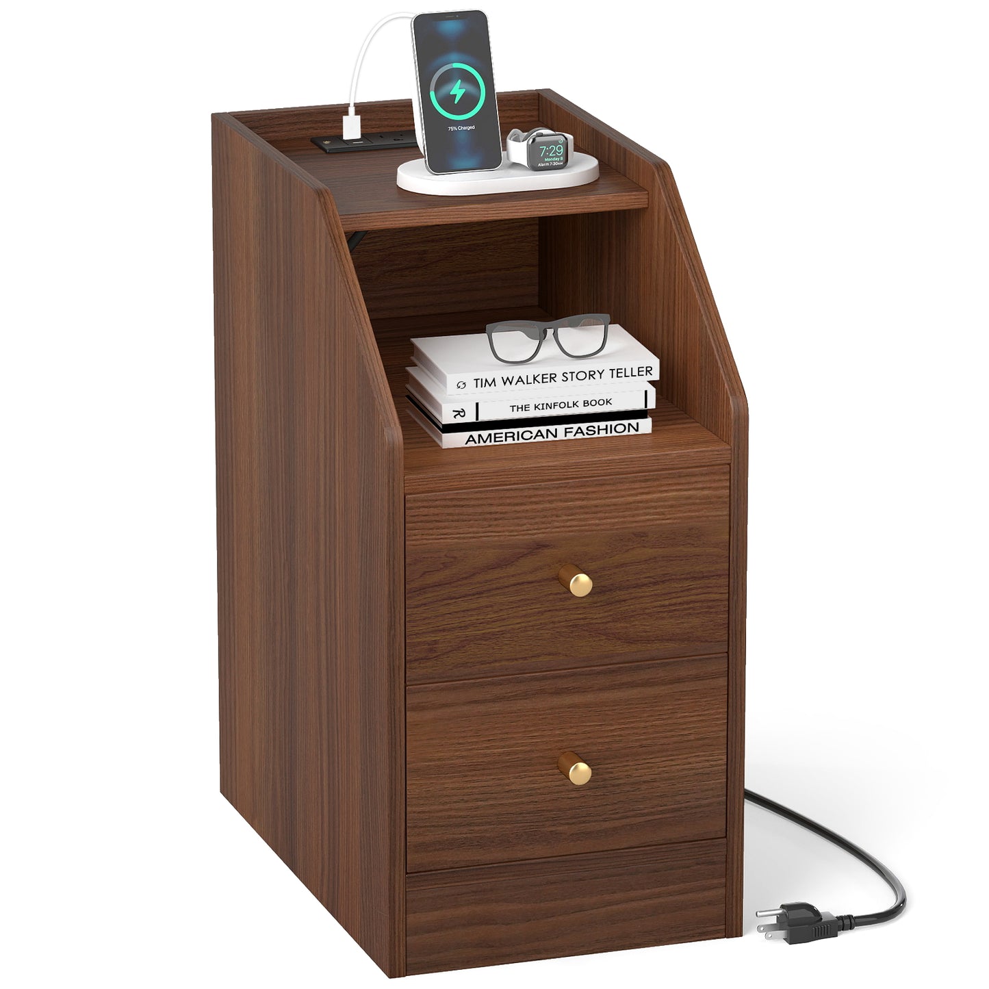 Side End Table with Charging Station Sofa Couch Table with Shelf Drawers-Black