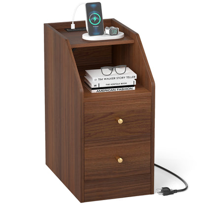 Side End Table with Charging Station Sofa Couch Table with Shelf Drawers-Black