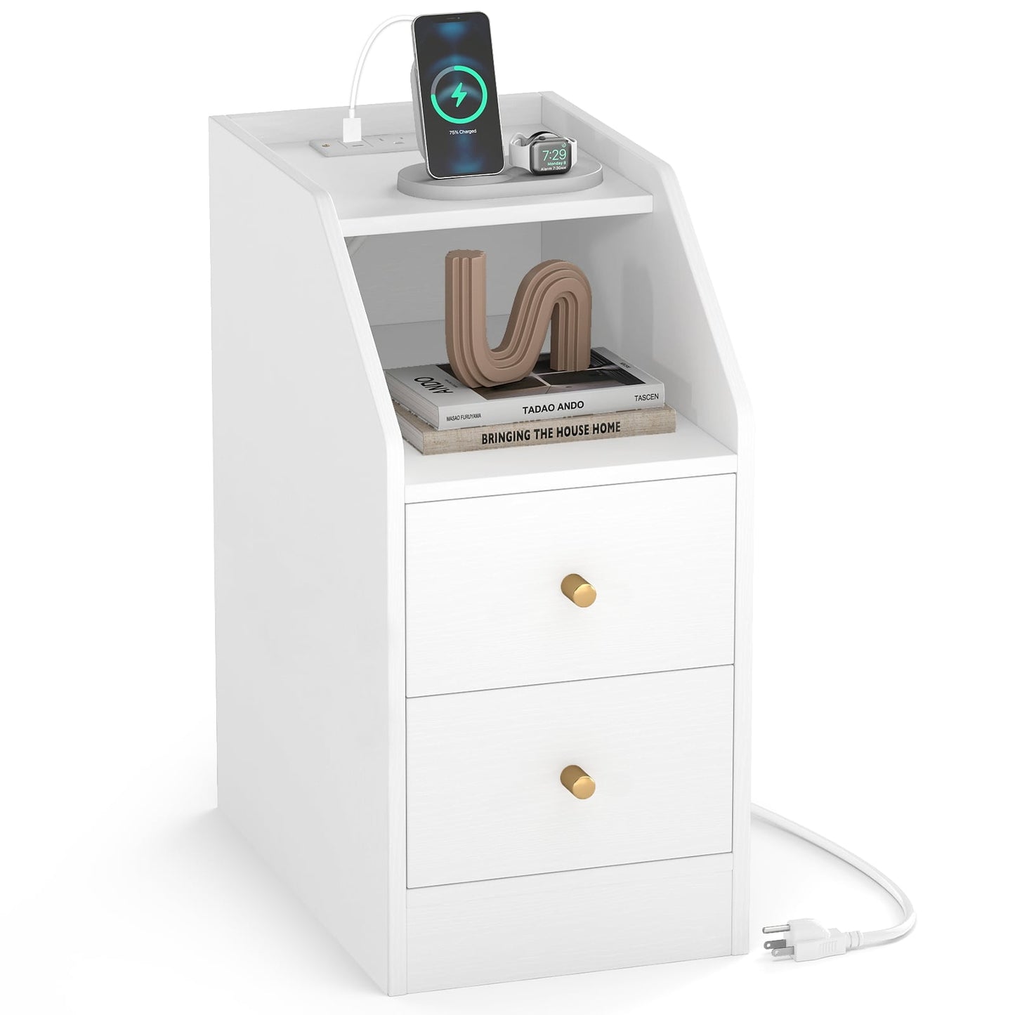 Side End Table with Charging Station Sofa Couch Table with Shelf Drawers-Black