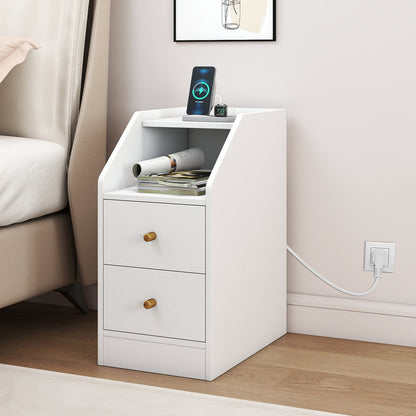 Side End Table with Charging Station Sofa Couch Table with Shelf Drawers-Black