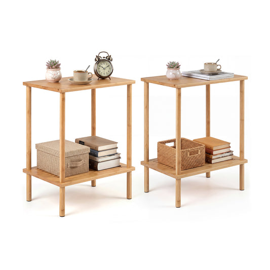 Side Table Set of 2 2-Tier Bamboo End Table with Storage Shelves Rectangular Tea Sofa Table-Natural