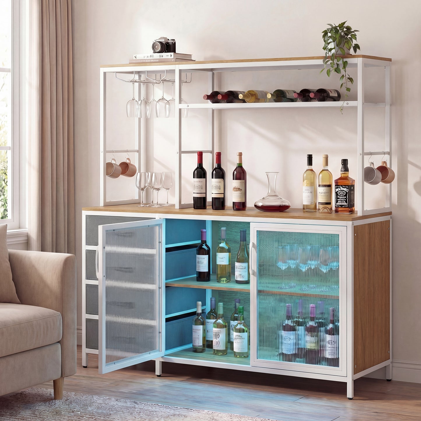 Sideboard Buffet Cabinet with LED Lights 55 inch Coffee Table with Power Outlets-Natural