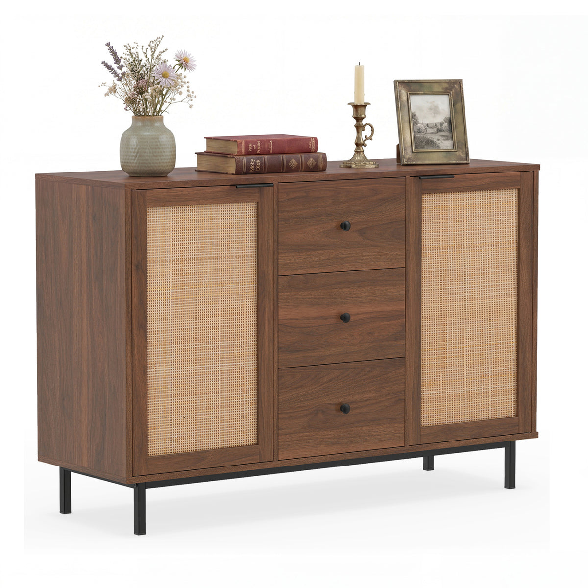 Rustic brown sideboard buffet cabinet with 2 rattan doors and 3 drawers, ideal for kitchen or dining room storage.