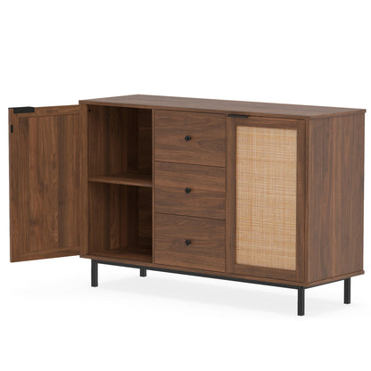Rustic brown sideboard buffet cabinet with 2 rattan doors and 3 drawers, perfect for kitchen and dining storage.
