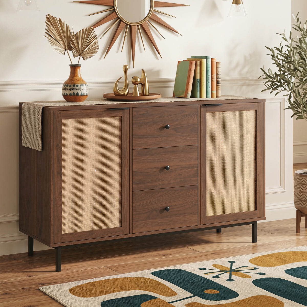 Rustic brown sideboard buffet cabinet with 2 rattan doors and 3 drawers, ideal for kitchen and dining storage.