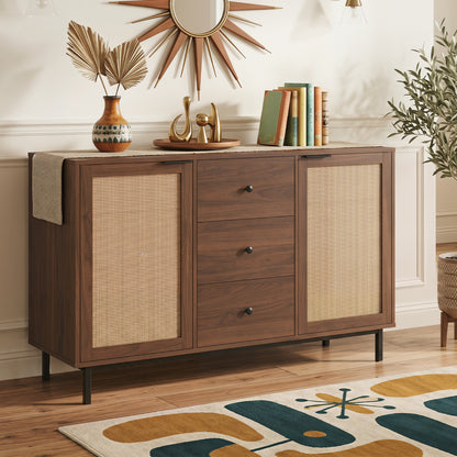 Rustic brown sideboard buffet cabinet with 2 rattan doors and 3 drawers, ideal for kitchen and dining storage.