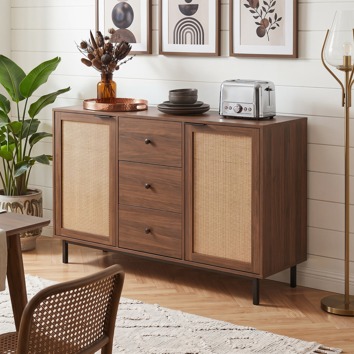 Rustic brown sideboard buffet cabinet with 2 rattan doors and 3 drawers, ideal for kitchen or dining room storage.