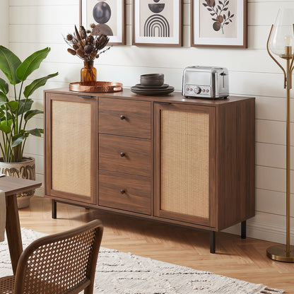 Rustic brown sideboard buffet cabinet with 2 rattan doors and 3 drawers, ideal for kitchen or dining room storage.