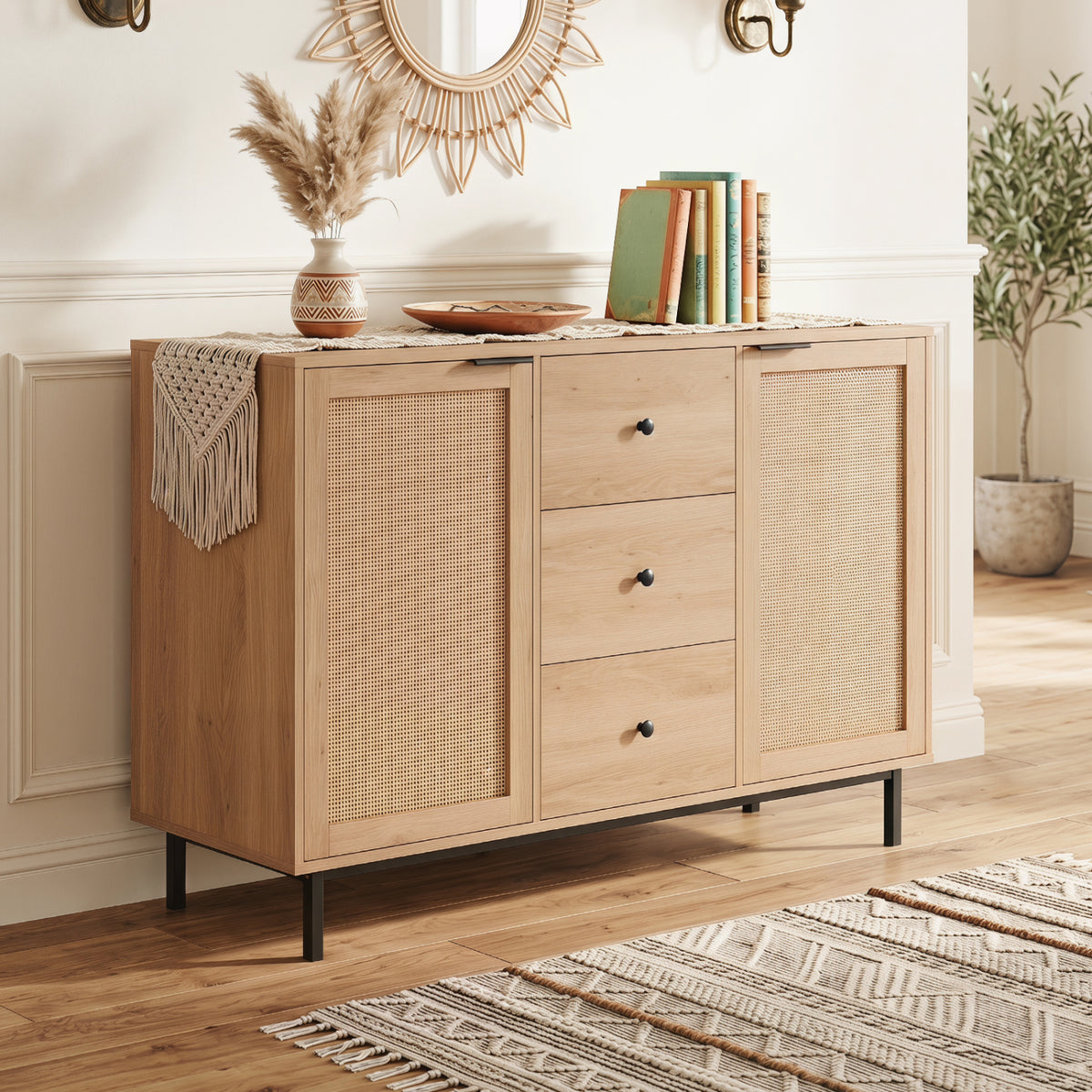 Rustic brown farmhouse sideboard buffet cabinet with 2 rattan doors and 3 drawers, perfect for kitchen and dining storage.