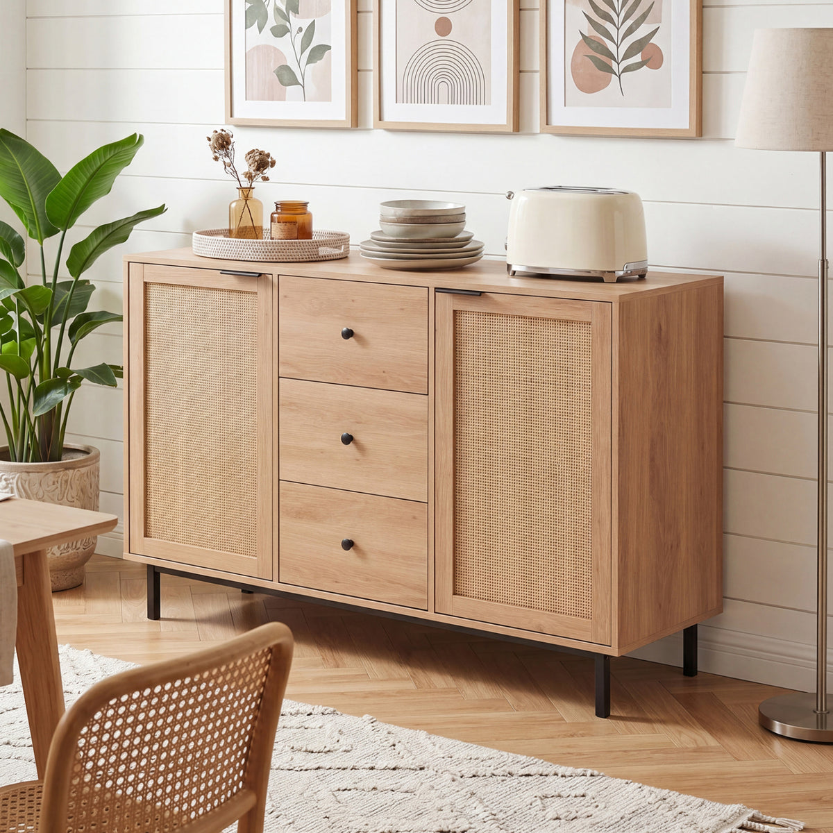 Rustic brown sideboard buffet cabinet with 2 rattan doors and 3 drawers, ideal for kitchen or dining room storage.