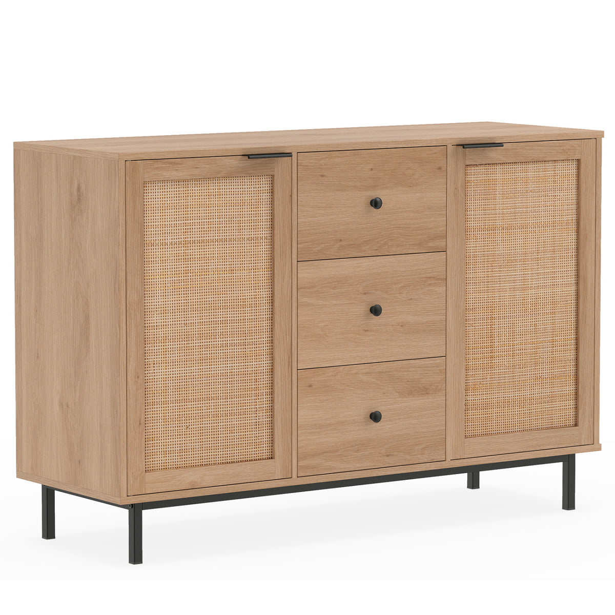 Rustic brown sideboard buffet cabinet with two rattan doors and three drawers, perfect for kitchen or dining room storage.