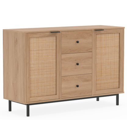 Rustic brown sideboard buffet cabinet with two rattan doors and three drawers, perfect for kitchen or dining room storage.