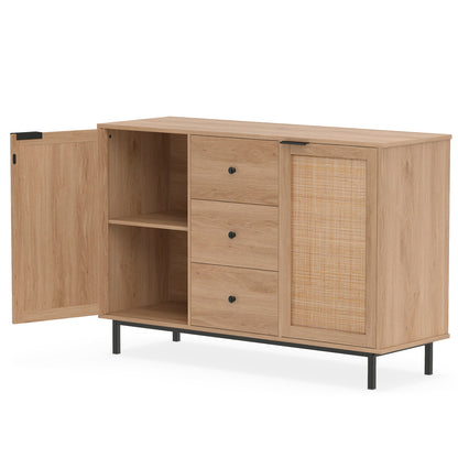 Rustic brown sideboard buffet cabinet with rattan doors and three drawers, ideal for kitchen or dining room storage.