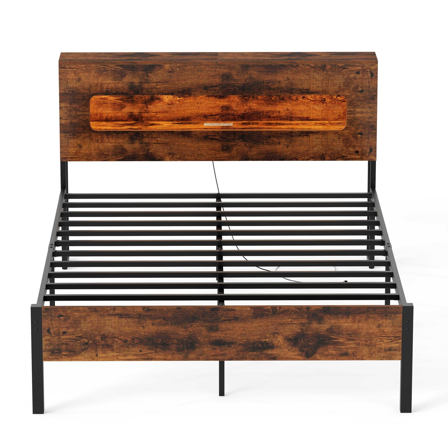Slatted Full Bed Frame with LED Lights and Storage Headboard No Box Spring Needed-Full Size